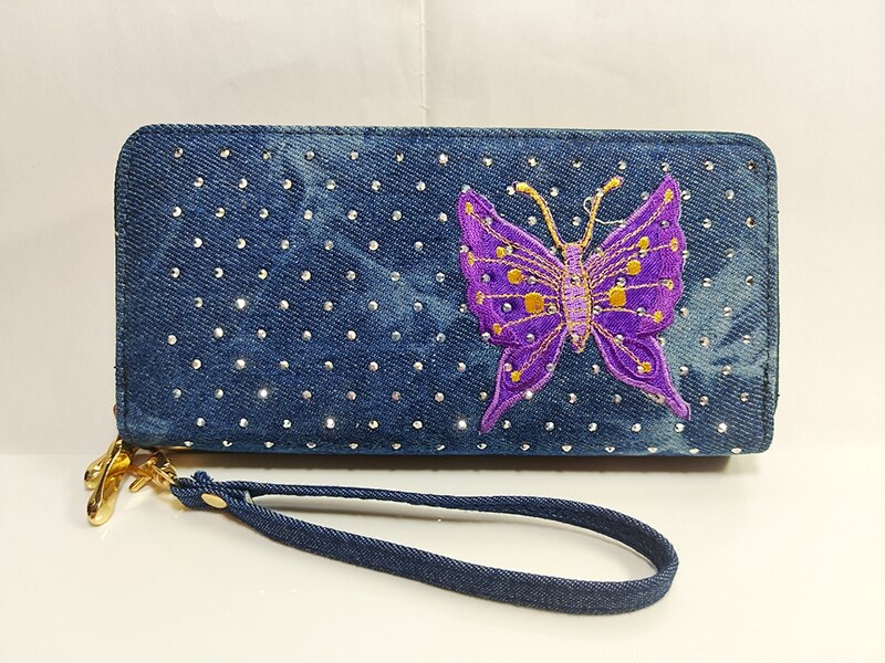 Phone Purse Women Wallets Denim Big Female Brand Retro Ladies Long Woman Wallets Card Clutch Double Zipper ladies wallet Diamond: Butterfly Wallet 9