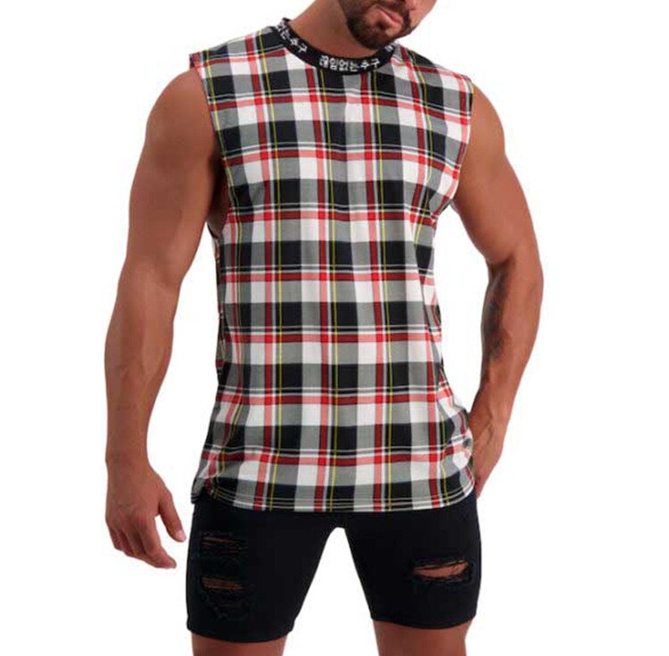 Linne för män hip hop streetwear rutig skjorta ärmlös topp med hög hals t-shirt stringer linne bodybuilding: Röd / Xxxl