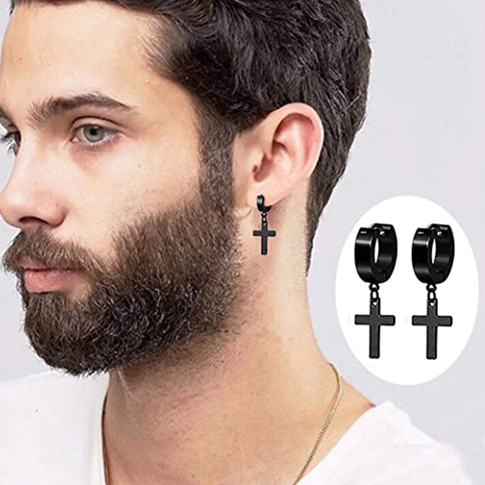 6 Style 316L Stainless Steel Dangle Round Cross Leaf Earring for Men Women Cool Punk Eboy Stud Earring Set