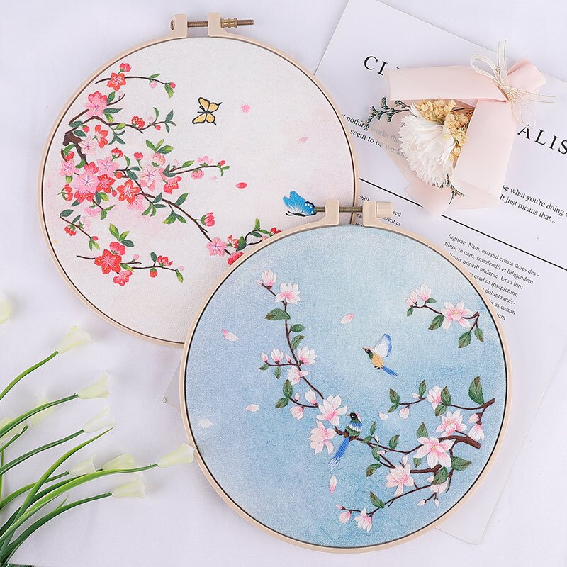 Chinese Flower Pattern Printed DIY Embroidery Kit with Hoop Handmade Needlework Cross Stitch Painting Sewing Craft Home Decor