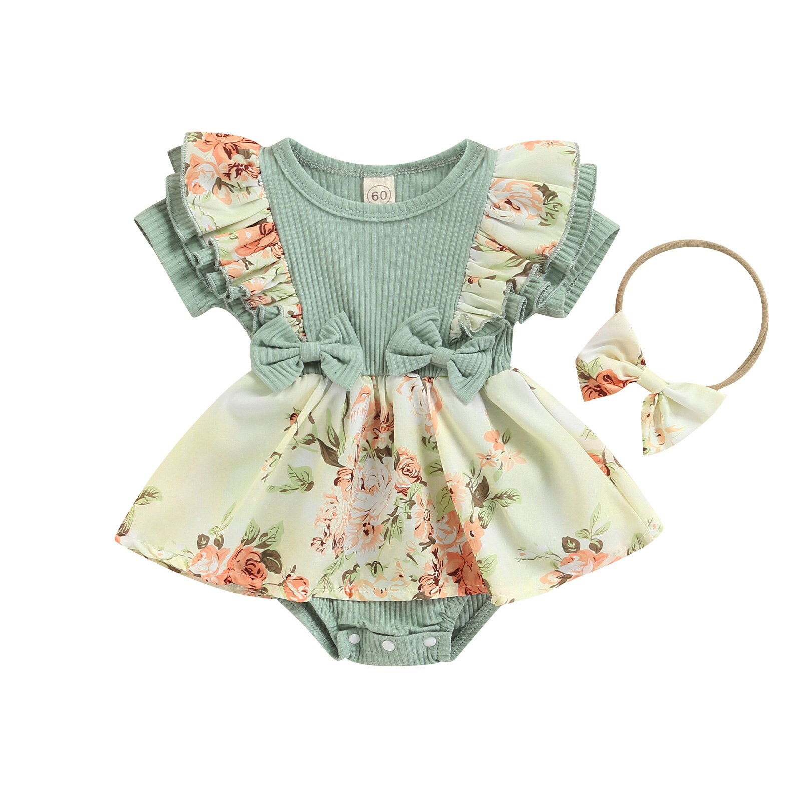 Ensemble 3 pièces pour bébés filles, vêtements imprimés floraux, en coton tricoté, manches courtes, bretelles, bandeau, tenue: B / 60