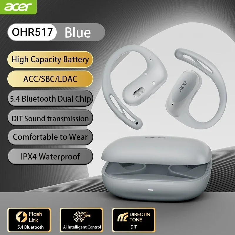 Auricolari acer ows open-ear ganci auricolari wireless bluetooth 5.4 cuffie auricolari ad alta risoluzione bass boost auricolari sportivi 48 ore ohr -517: Blu