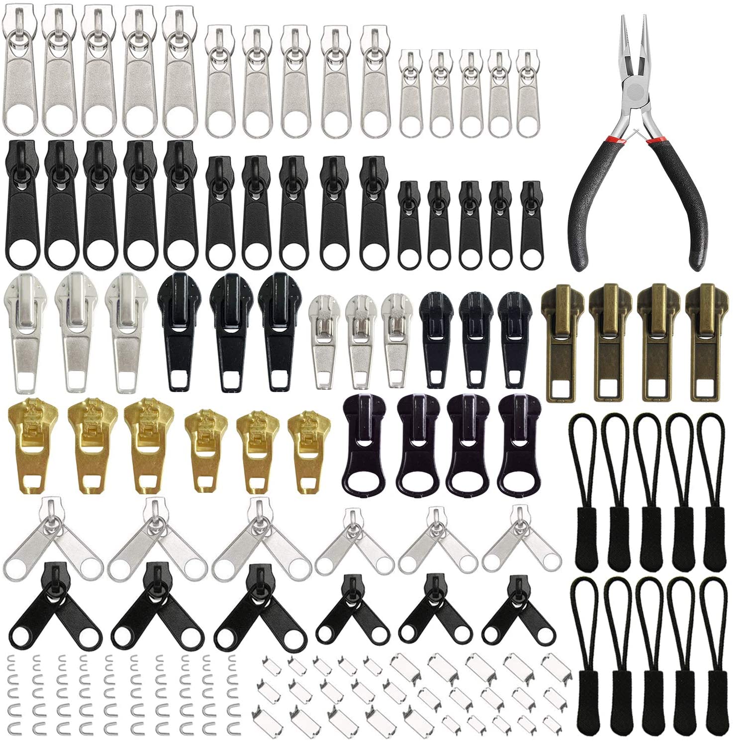 169Pcs Zipper Repair Kit Zipper Replacement Zipper Pull Rescue Kit with Zipper Install Pliers Tool for Clothing Jackets Backpack