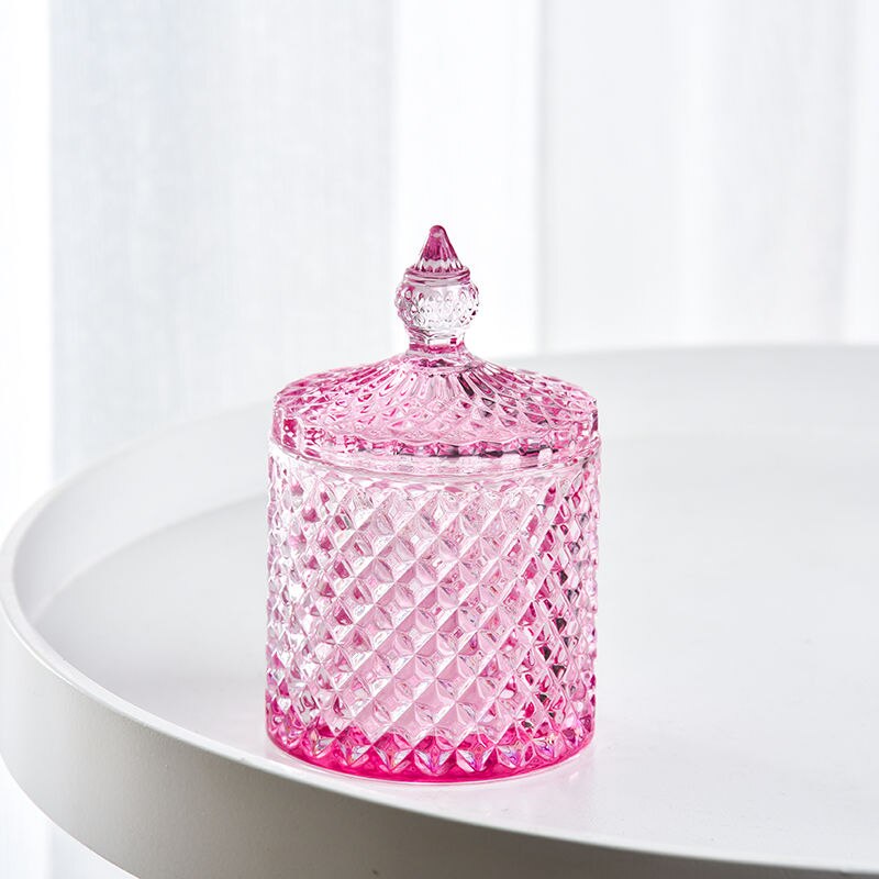 Tarros de cristal con tapa, latas de azúcar en lata de cristal, caja de dulces de diamante, recipiente para bastoncillos, almohadilla de algodón, recipiente de vidrio para almacenamiento doméstico: Rosa