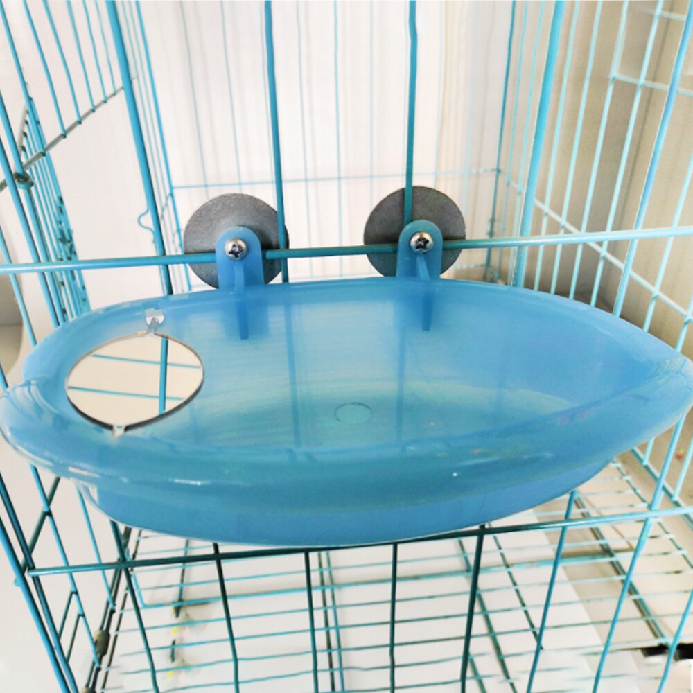 1 stk fugl aborre brusebad kæledyr fugl bad bur bassin papegøje badekar papegøje bruseforsyning med spejl mad skål fugle tilbehør: 18.7 x 10 x 3.5cm
