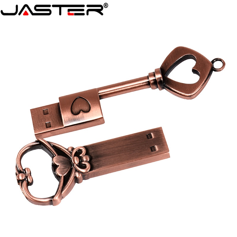 JASTER copper love heart shaped key flash drive USB 2.0 pen drive 4gb 8gb 16gb 32gb 64GB metal keys memory Stick wedding