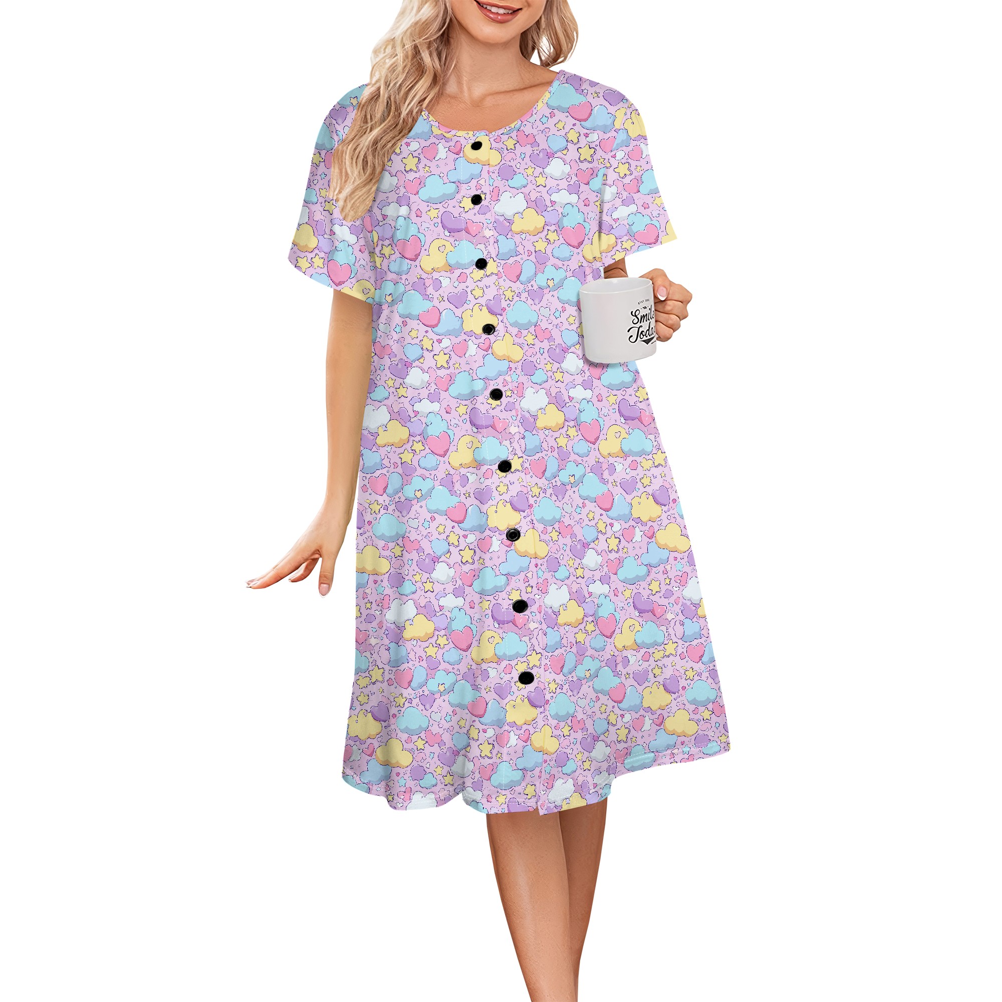 Blomsterprint sommerkjole dame afslappet kjole med knapper og korte ærmer s -3xl vintage blomstermønster: S / Grå