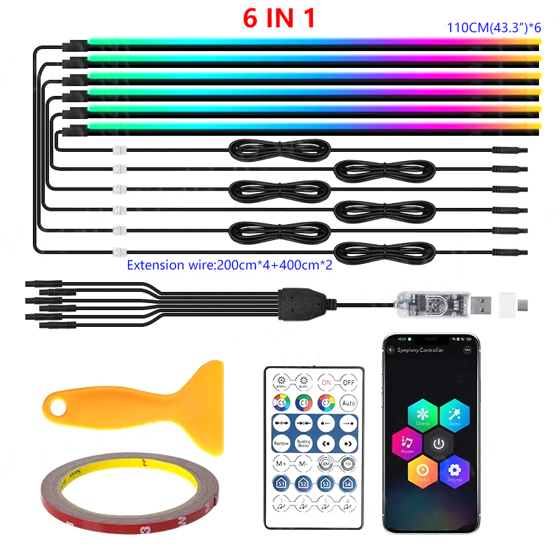 Tira de luces LED RGB para coche, luz ambiental arcoíris, USB, música Symphon, lámpara de ambiente con aplicación de Control remoto, 10/6/4/2/1 en 1: Cristal azul