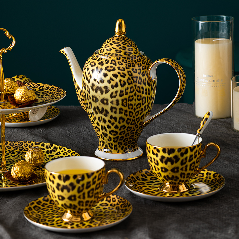 Leopard Print Coffee Set Bone China Coffeecup Saucer Creamer Sugar Jar Mugs Fruit Plate Ashtray Afternoon Tea Set For Home Kitch
