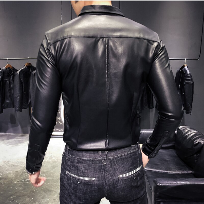 Chemises en cuir pour hommes, classique, tendance, coréenne, Slim Fit, Camisa Social Masculina, robe noire, manteau d&#39;extérieur