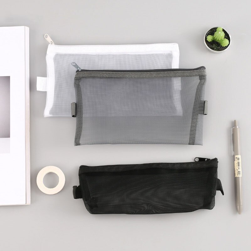 1 Pcs Pencil Case Simple Transparent Mesh Nylon Office Student Pencil Bag School Supplies High Capacity Pen Box