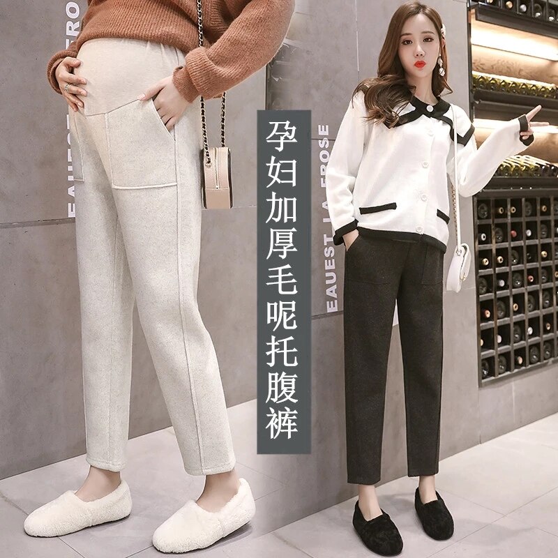 Autumn Winter Thicken Warm Woolen Maternity Pants Belly Straight Loose Pants Clothes for Pregnant Women Pregnancy Trousers