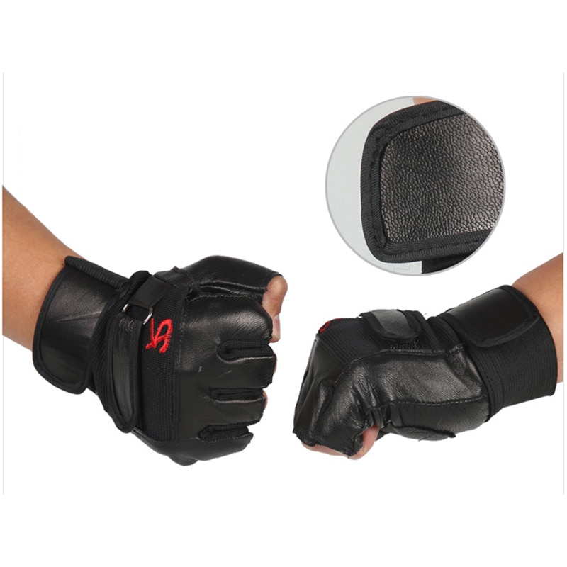 1 par män svart pu läder vikt lyft gym handskar träning handleds wrap sport träning träning fitness