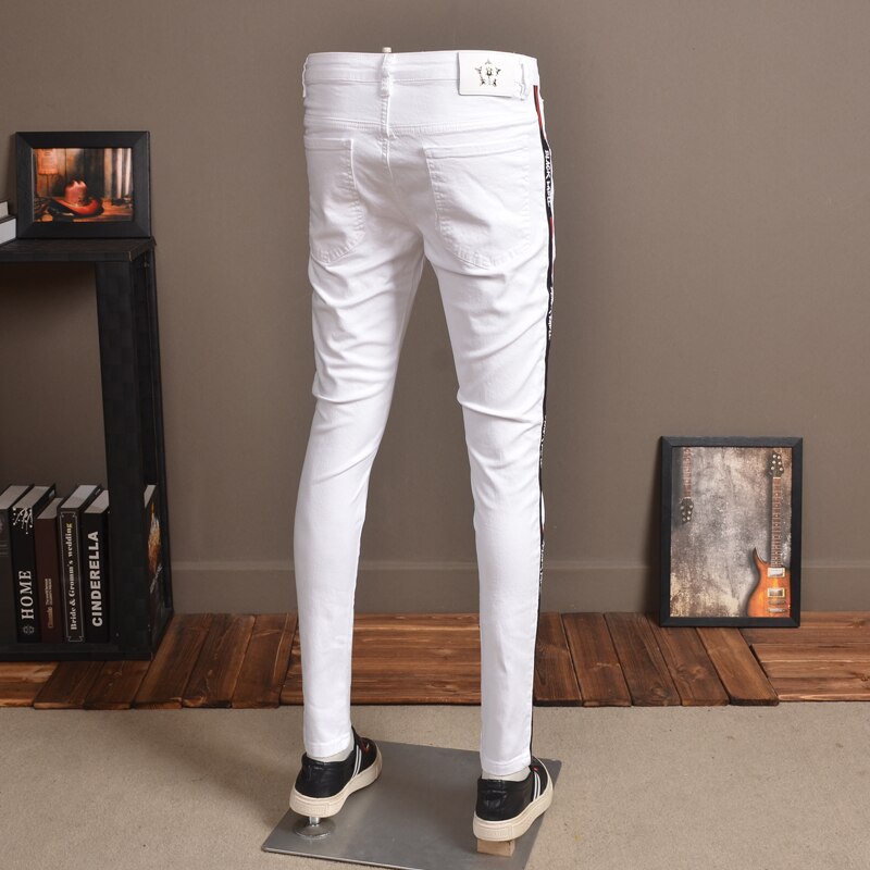 Men Skinny Jeans Elastic White Streetwear Side Stripe Pants for Cowboys P85