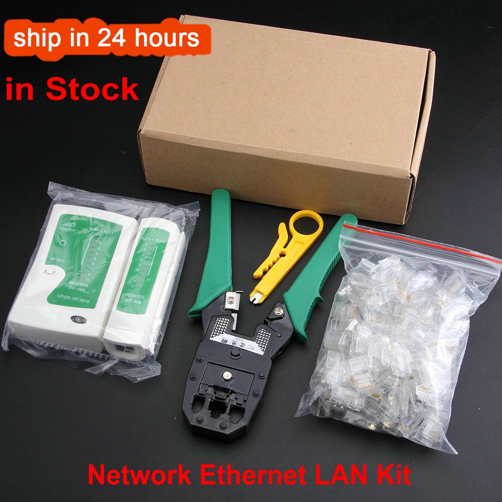 Network Ethernet LAN Kit 4 in 1 Cable Tester + Crimping Plier Crimper + Wire Stripper +100 x Rj45 Cat5 Cat5e Connector Plug Netw