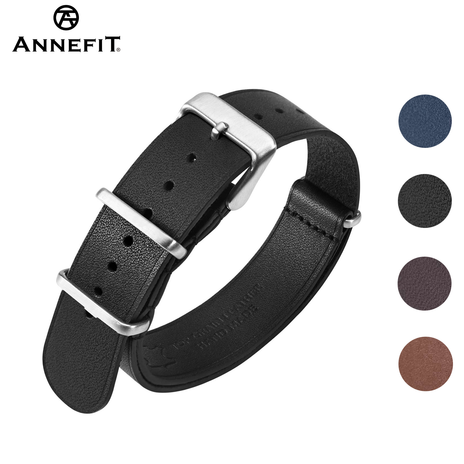 Pulseira de relógio de couro ANNEFIT 18mm 20mm 22mm, pulseiras de relógio militar de uma peça de pele de bezerro genuína para homens e mulheres preto marrom azul
