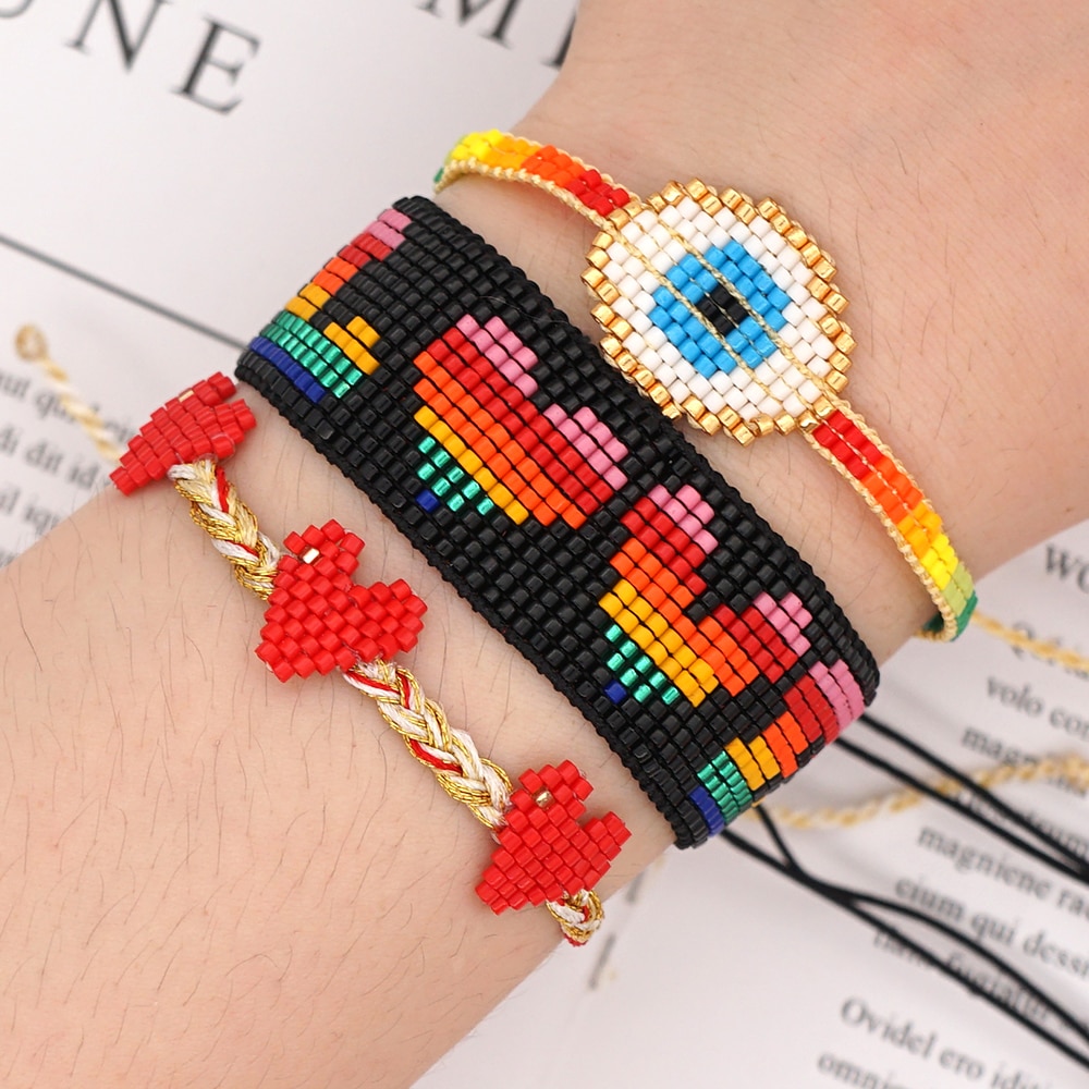 Zhongvi damesarmband boze oog hart armbanden liefdesbrief miyuki kralen pulseras mujer handgemaakte vlecht touw kwast sieraden
