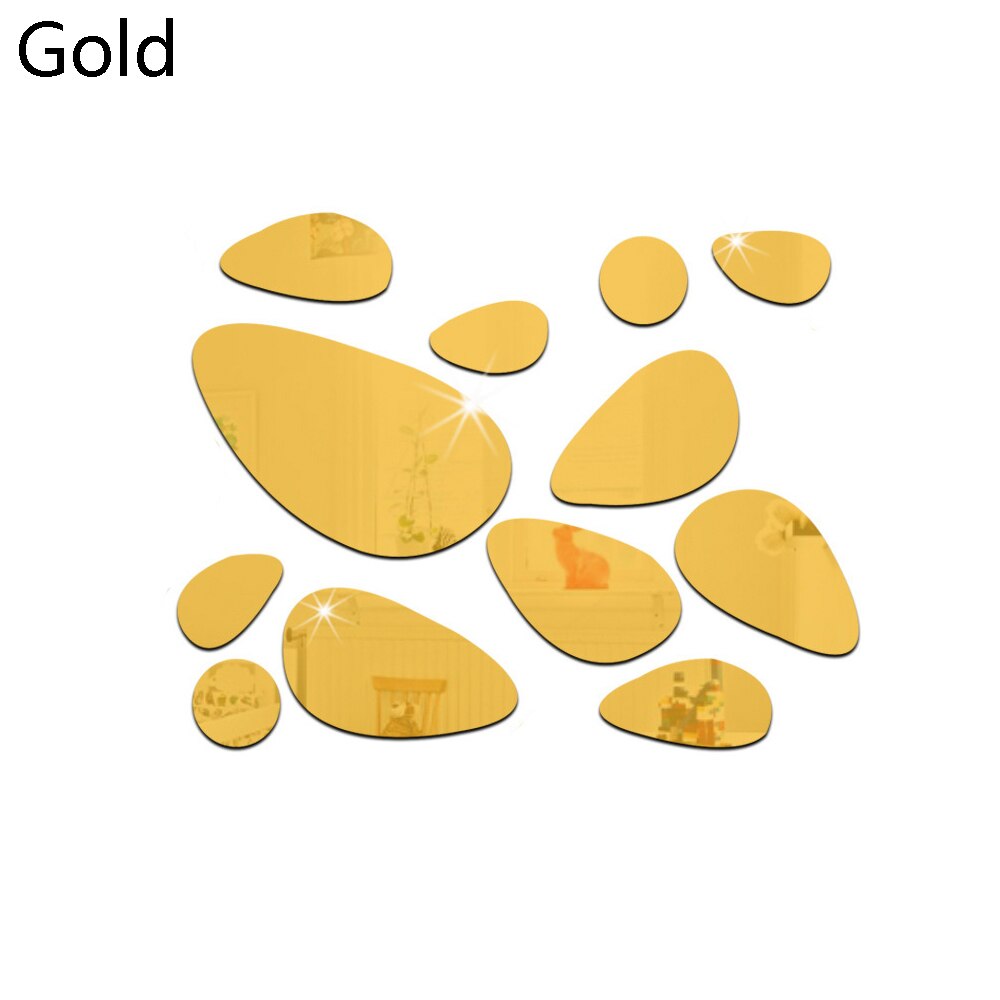 12Pcs Removable Self-adhesive Wall Stickers 3D Pebble Decals Mirror Surface Vinyl Mural Art Living Room Ornament Home Decoration: gold