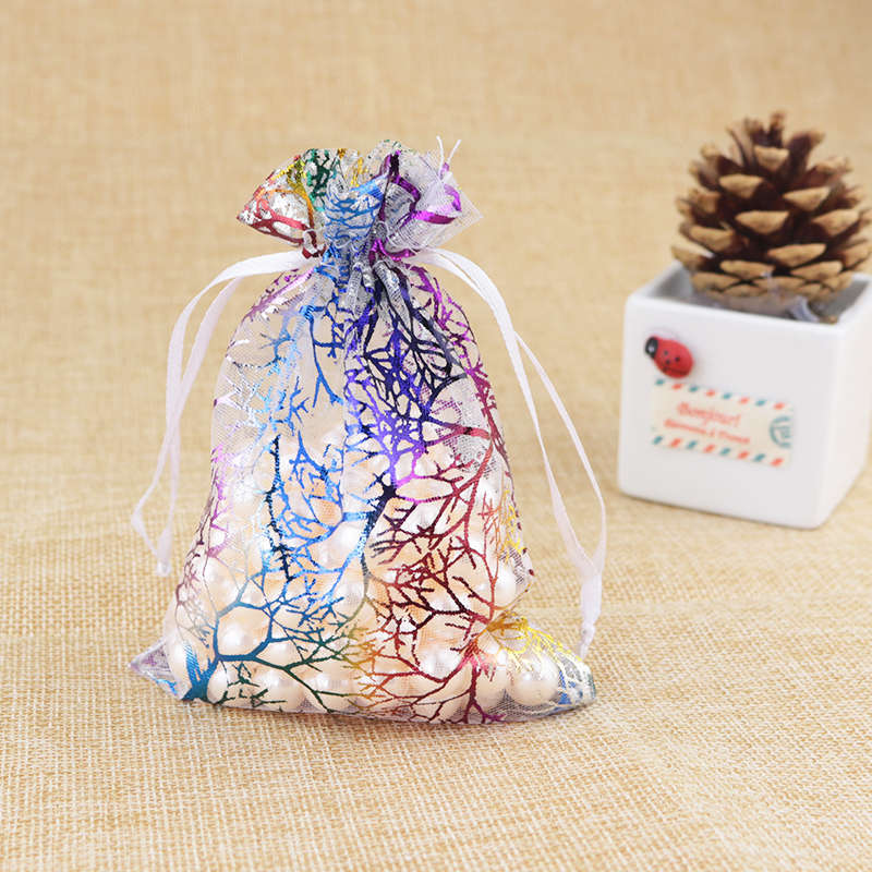 20 sztuk/partia koral wzór torby z organzy 7x9 9x12 13x18 cm Charms kosmetyki torby do pakowania biżuterii party sznurkiem prezent torba torebki: WHITE / 9x12cm 20pcs