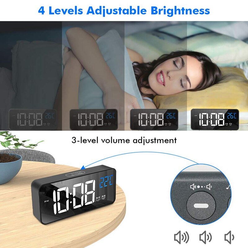 Digital Alarm Clock for Bedrooms LED Display with USB Port Charger,12/24 H,2 Alarms Clock,Temperature Detection,0-100% Brightnes