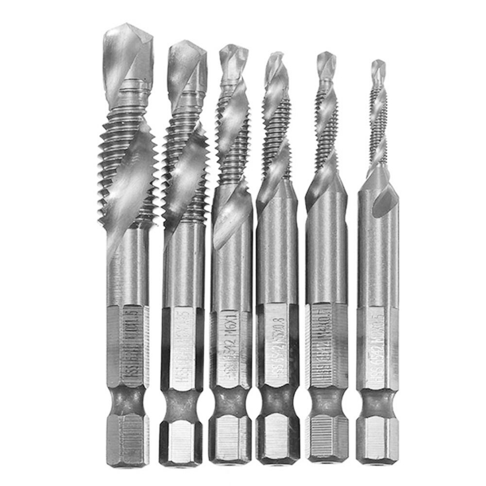 6Pcs M3-M10 Screw Tap Drill Bits HSS Screw Thread Woodworking Metric Tap Combination Bit High Speed Steel Titanium 1/4 Hex Shank: Silver