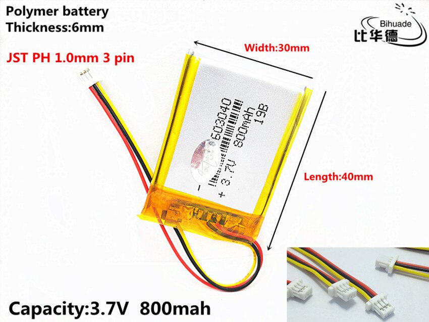 JST PH 1,0mm 3 pin 3,7 V,800mAH 603040 polímero de iones de litio/Li-ion batería para tablet pc Banco, GPS,mp3,mp4: 2pcs