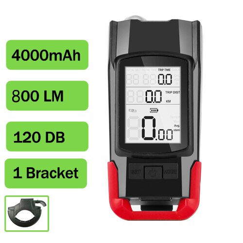 Wireless Bicycle Computer MTB Cycling Bike Odometer Stopwatch Speedometer Integrated 800LM Headlight 120DB Horn Accessories: Red A