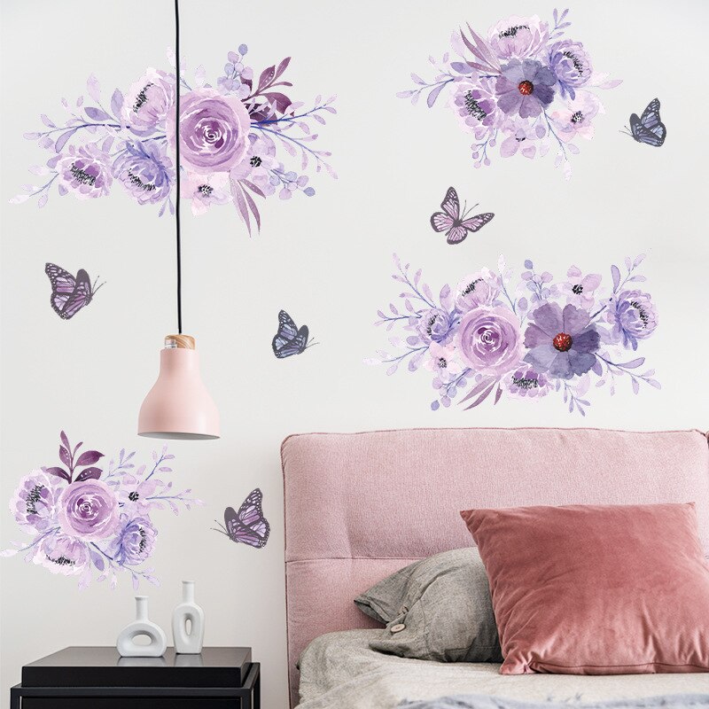 40x60CM Purple Flower Wall Stickers Art Butterfly Wall Decals For Girls Bedroom Living Room Decoration Self Adhesive Wallpaper