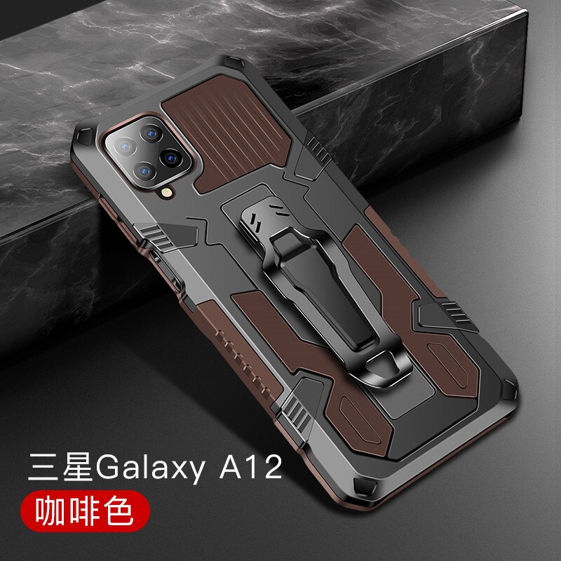 Pancerz etui do Samsung Galaxy A12 Case odporny na wstrząsy stojak uchwyt zaczep na pasek kabura pokrywa dla Samsung Galaxy A12 A 12 12A SM-A125F: Cotton Fabric / Brown