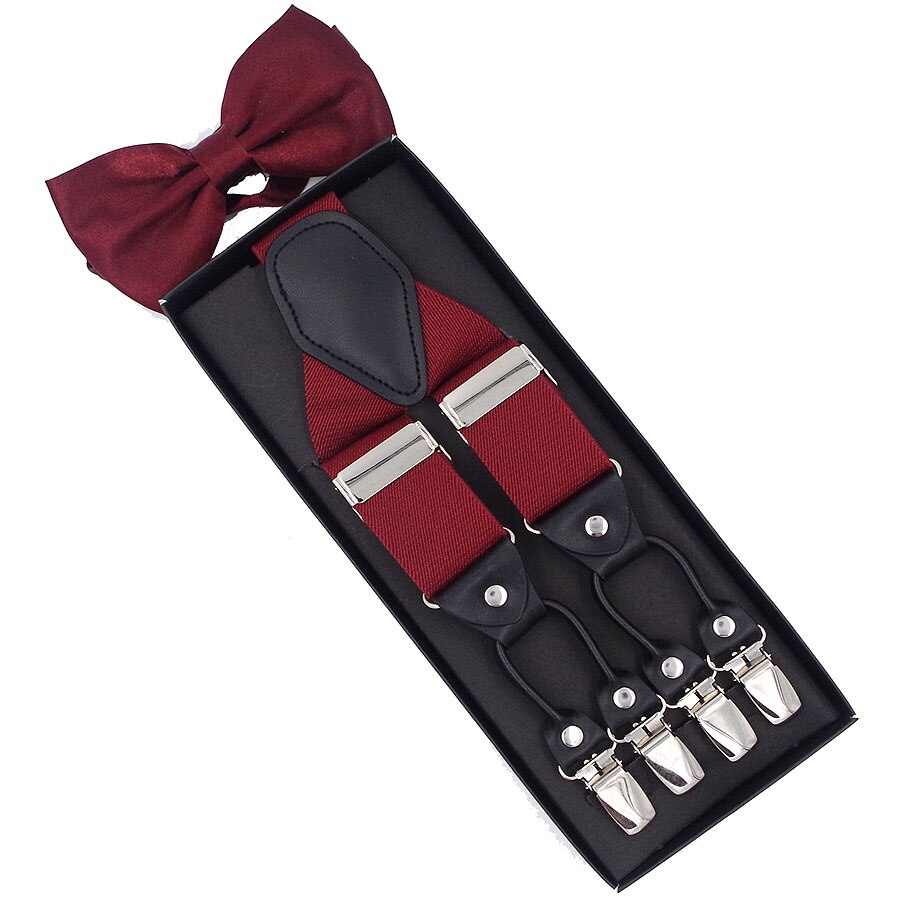JIERKU Suspenders Set Man&#39;s Braces with Bow Tie 6 Clips Suspensorio Trousers Strap Father/Husband&#39;s TZBD001: Burgundy