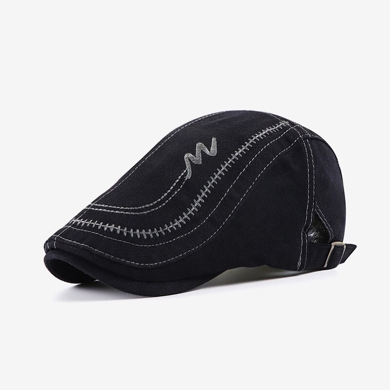 Casquettes gavroche classiques pour hommes, chapeau bec de canard en coton lavé, broderie en coton, casquette plate réglable, béret de boulanger vintage: Noir