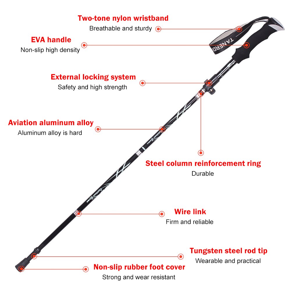 Loozykit udendørs foldbare vandrestave stavgang stav vandring antishock justerbar aluminiumslegering alpenstock