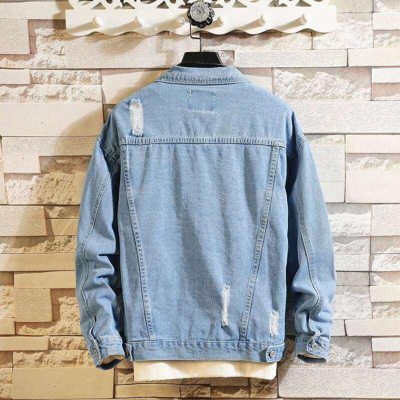 Spring Autumn Men Cotton Outwear Jacket Men Light Blue Denim Jackets Holes Jean Male Jackets Streetwear Casual Coats