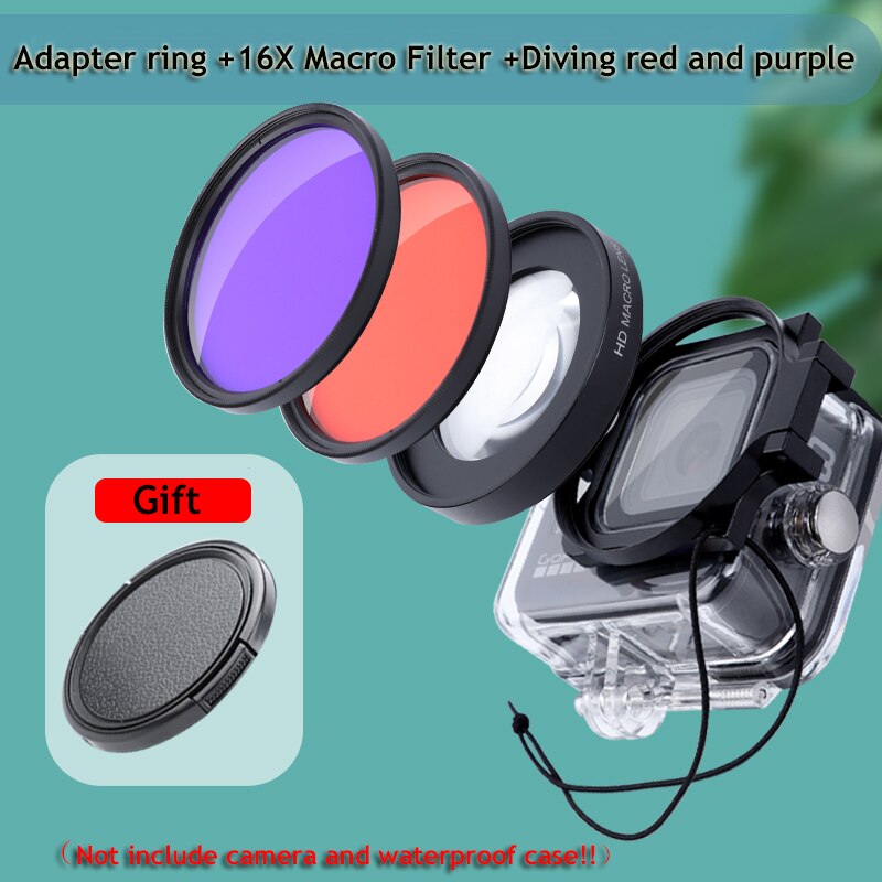 16X Macro Filter for Gopro 10/9/8 Black Original Waterproof Case Diving Red Purple Filter +Adapter Ring+Lens Cap for Gopro 10/9: E