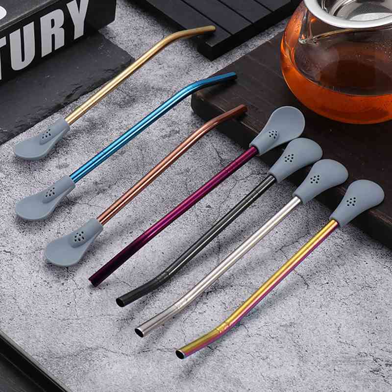 Pajita de acero inoxidable para beber agua y zumo, cuchara reutilizable con filtro para té, accesorios para el hogar y la cocina, 1 unidad