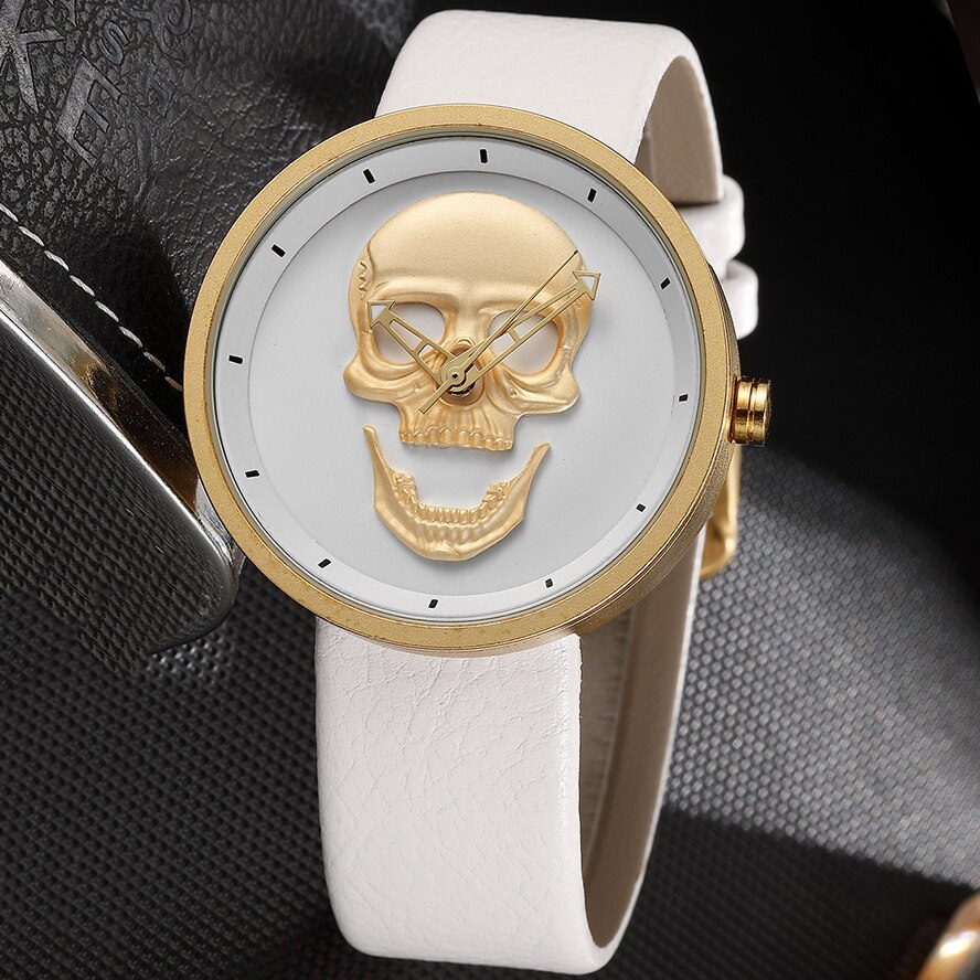 Black Gold Dial Quartz Watch Men 3D Skull Head Pattern Stainless Steel Steampunk Rock Engraved Cool Mexico Man Male reloj hombre: WHITE SKULL WATCH