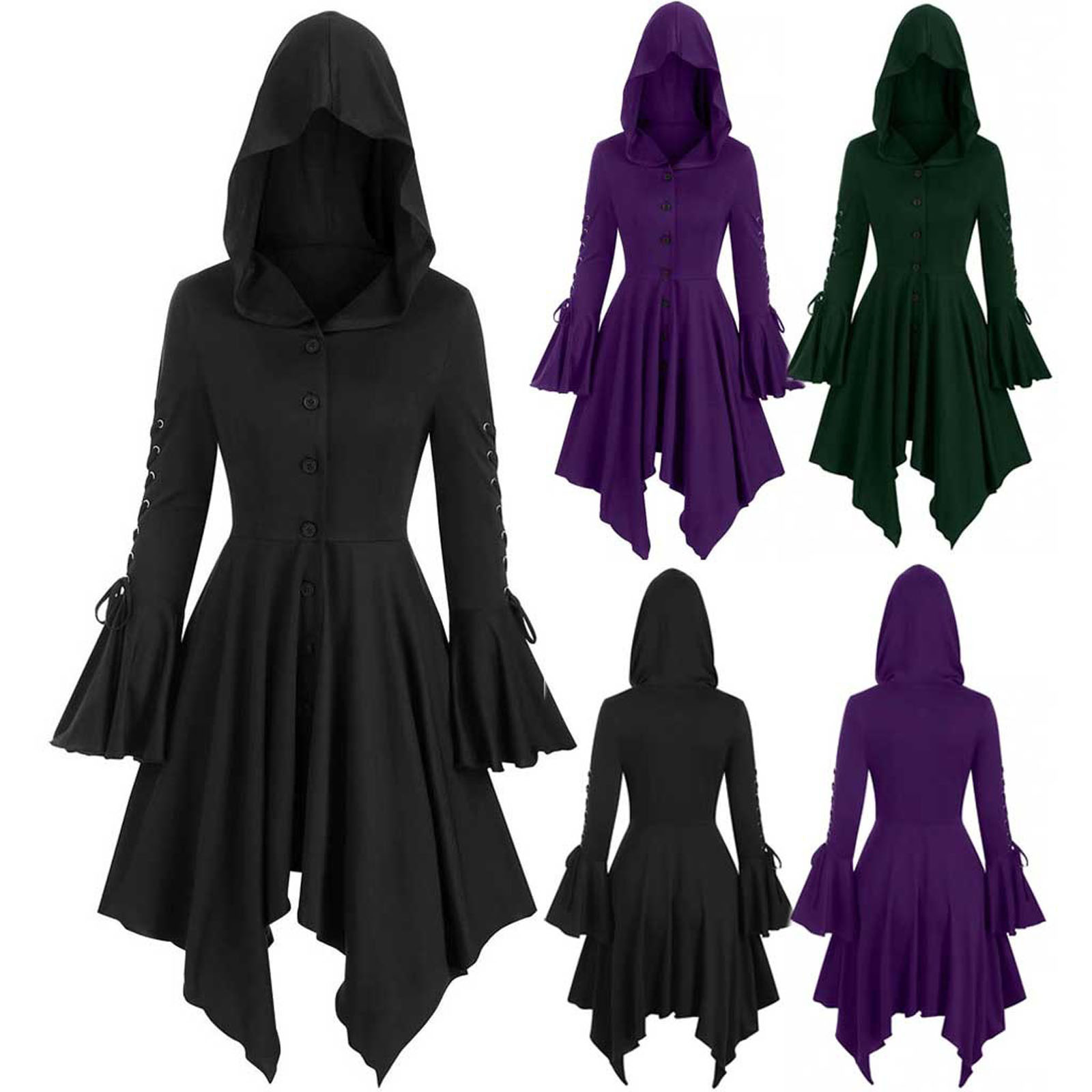 Vintage Women Cosplay Costume Medieval Lace Up Hooded Pullover For Women Victorian Casual High Low Bandage Long Dress Cloak