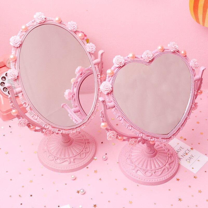 Lyserød udskåret kawaii makeup spejl diy perle toiletbord dekorative spejle værelse indretning forfængelighed spejl plast hjerteformet