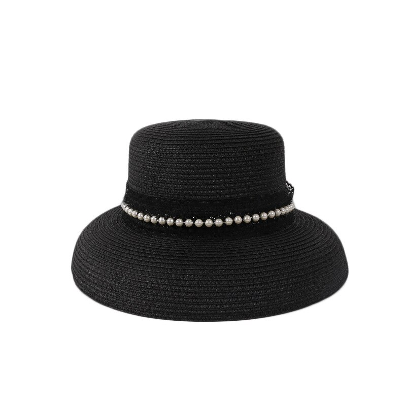 Modieuze strohoed strandhoed dames zomer strand zonnehoed buiten zonnehoed reizen grote dakrand zonnehoed: Zwart zwart lint
