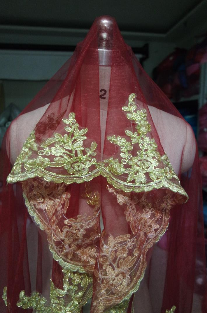 SHAMAI Gold lace edge burgundy red wedding veils long 150cm Length One Layer Bridal veils Wedding Veil Wihtout Comb