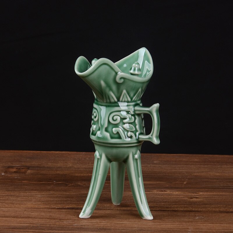 Chinese antique ceramic liquor wine cup set goblet glass old fashioned sake small white wine spirit drinking cup 2pcs: Green / 60ml