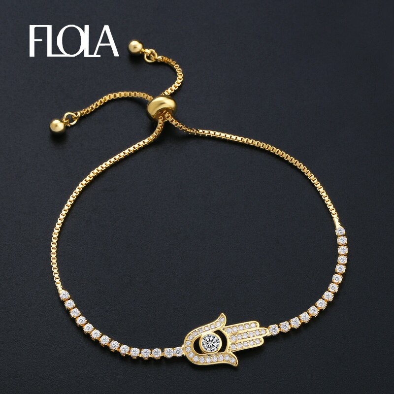 FLOLA Nuovo di Modo DELLA CZ Braccialetto della Mano di Fatima Pendenti E Ciondoli Pavimentato Zircone Cubico Hamsa Del Braccialetto per Le Donne Regali Gioielli Braccialetto in Oro brtk45