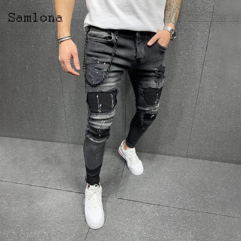 Samlona-pantalones vaqueros rasgados para hombre, estilo occidental, Punk, a la , de retales, pantalón pitillo,