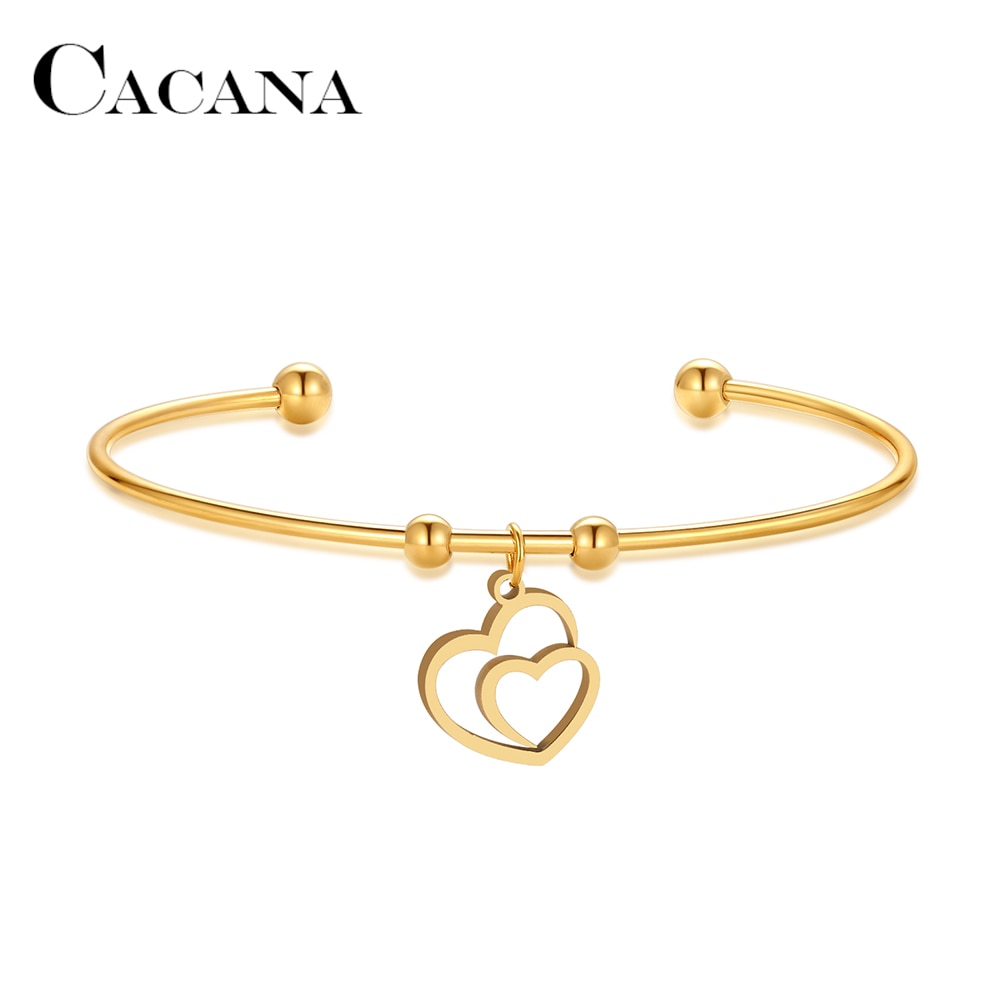 CACANA 316L Stainless Steel Open Bracelet Gold Color Hollow Double Hearts Simple Trendy Jewelry For Women Wedding Party