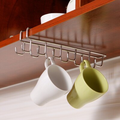 Space saver Cabinet hanging shelf Kitchenware Cup Holder with 6 Hook organization Storage rack for bathroom Kitchen supplies: B