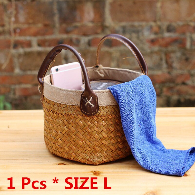 Cesta de mimbre hecha a mano con asa, Mini cesta de almacenamiento, cesta tejida Vintage para algas, maceta, jarrón, contenedor para artículos varios