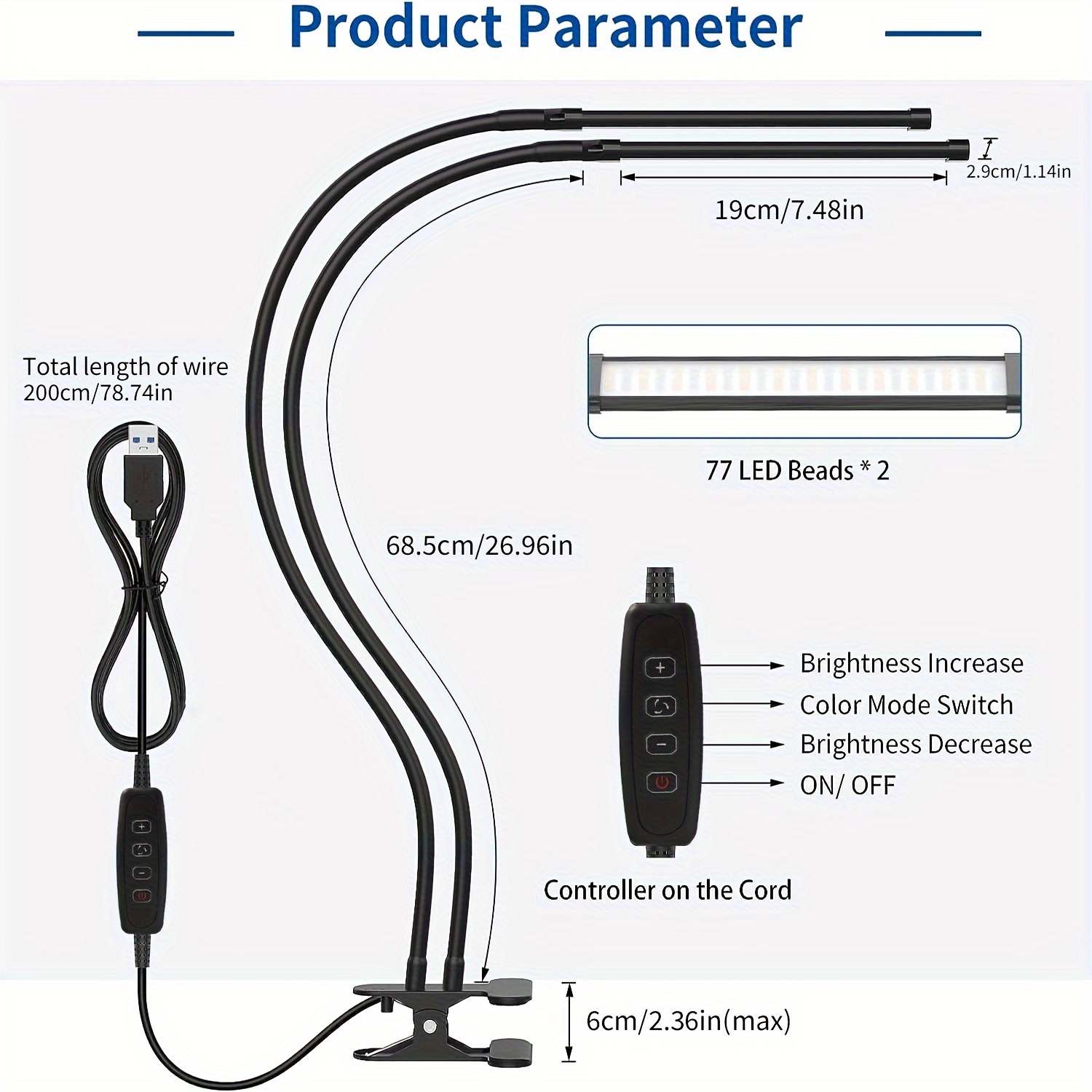 Lampada da lettura dimmerabile con clip a doppia testa con lampada da scrivania a clip USB a LED 3 temperature di colore 10 luminosità