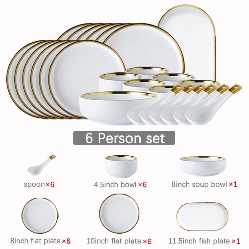 Juego de vajilla de porcelana con borde dorado, plato de cerámica para pastel, comida, ensalada, sopa, tazón, vajilla para restaurante