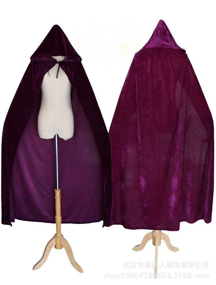 Halloween Vampire Ghost Witchcraft Velvet Cloak Cape Death Long Robe Gothic Hooded Medieval Renaissance Cloak Costume Accessory: purple / XL