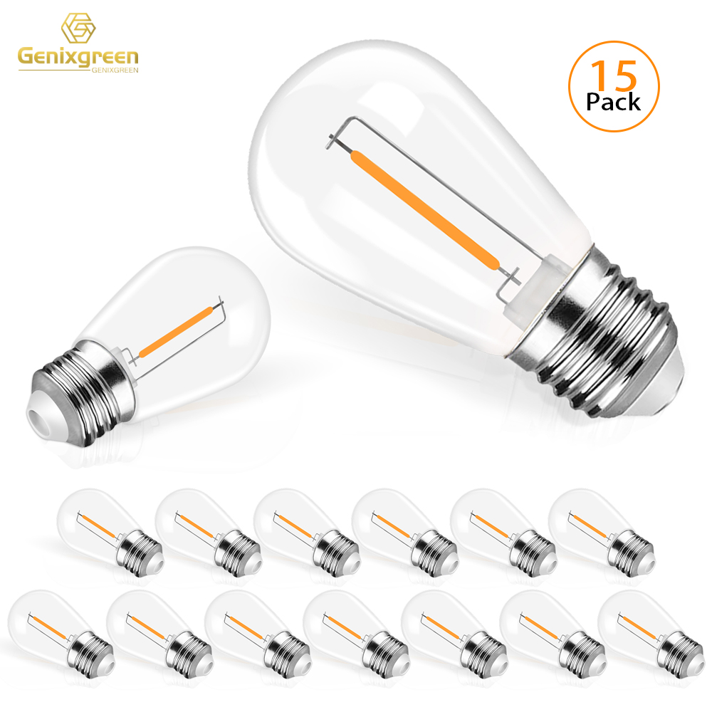 Genixgreen  s14 1w lampadine a filamento led dimmerabili 2700k st45 in plastica  ip44 luci a stringa da esterno impermeabili  e27 lampadine edison